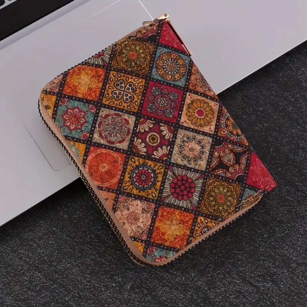 Boho Cork Mini Wallet Floral Coin Purse Card Holder Zipper Vegan Travel - Picture 2 of 8